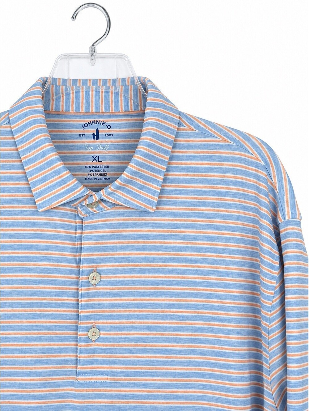 Johnnie-O Carlos Top Shelf Polo Shirt Men’s XL Blue Orange Striped Golf Stretch